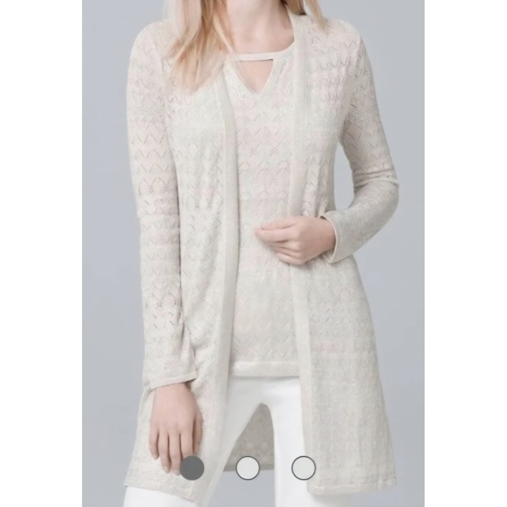 White House Black Market Silver Metallic Pointelle Longline Duster Cardigan M